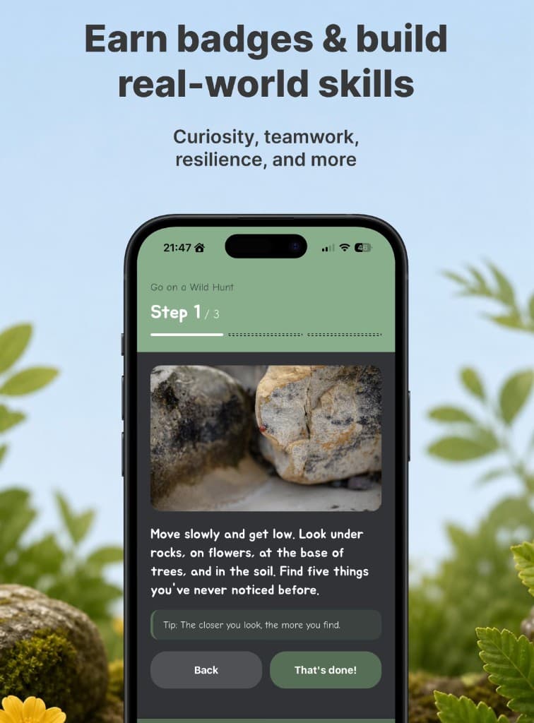 Huntly World mission step screen focused on badges and skill-building
